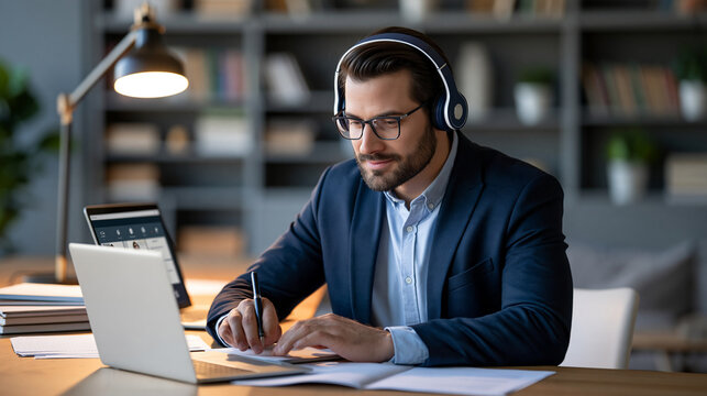 Professional consultant conducting a private online session with a client, laptop screen showing generic video interface, virtual consultation, coaching, professional services,