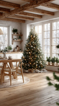 Scandinavian style kitchen and dining area featuring a decorated christmas tree with lights, a wooden table set with chairs, and natural elements, embodying warmth and holiday spirit