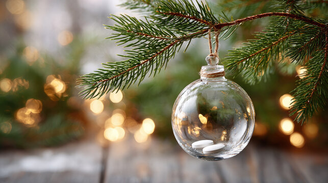 Christmas bauble filled with white capsules and illuminated twigs, hanging from a snow-covered pine branch, symbolizing health and well-being during the festive season
