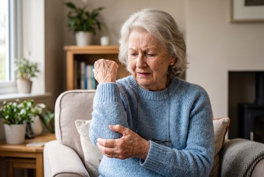Senior woman experiencing elbow joint pain
