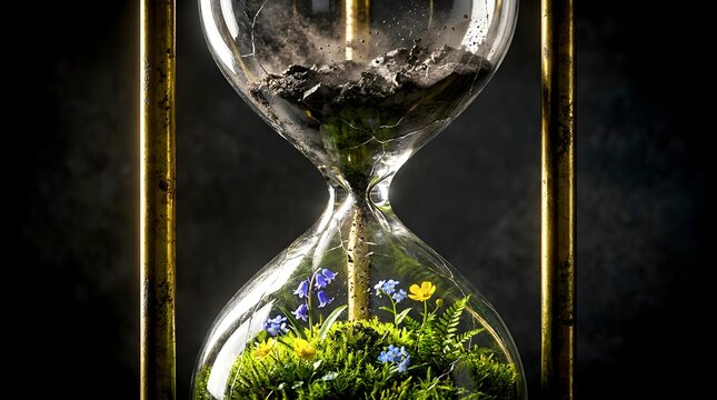 Vintage Hourglass Transforming Dry Ash into Vibrant Green Moss