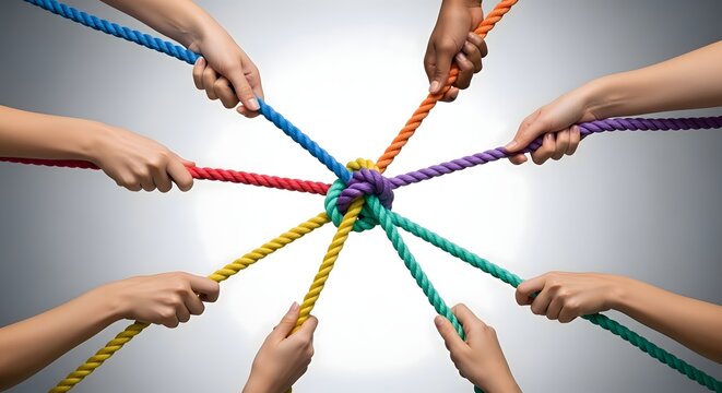 Diverse hands pulling colorful ropes tied together in a central knot over a white background representing teamwork collaboration conflict resolution and social unity concept