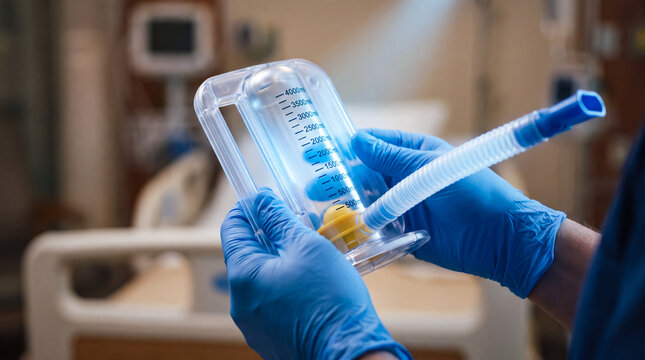 Healthcare professional in blue gloves holding an incentive spirometer for respiratory therapy