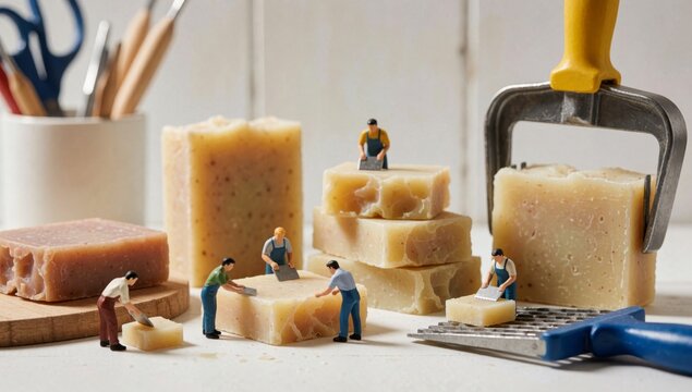 Group miniature people working soap bar there bars stacked top each other white surface different sizes shapes