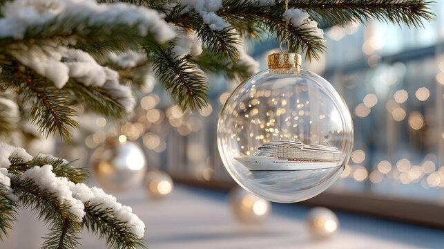 Christmas ornament featuring a cruise ship, symbolizing festive holiday travel dreams and winter vacation planning, hanging on a snowy fir branch with sparkling bokeh lights