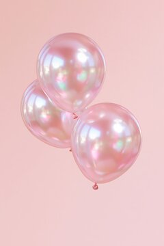 Three pearlescent pink balloons with iridescent reflections floating against a minimal pastel pink background with copy space