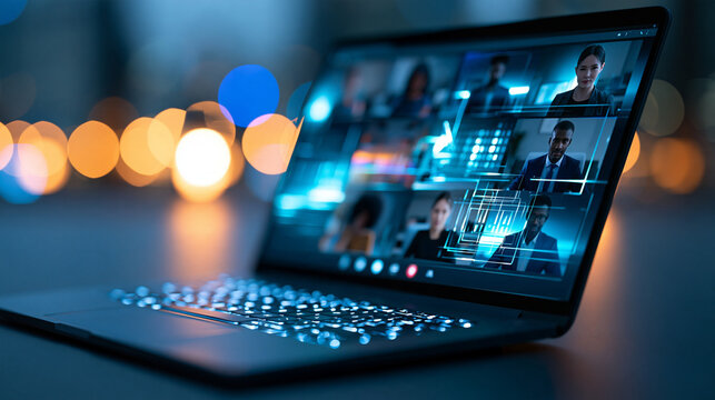 Close-up of a laptop screen showing an abstract video conference interface with multiple diverse participants, remote meeting, digital collaboration, virtual teamwork, technology