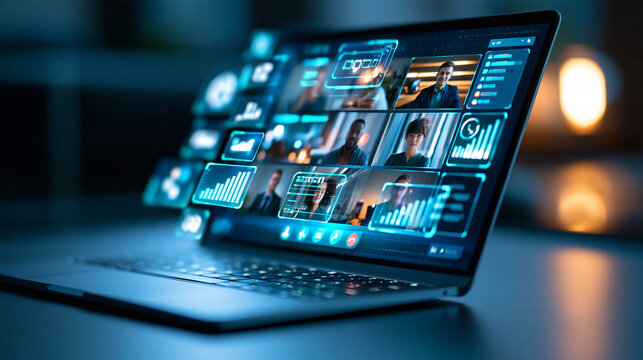 Close-up of a laptop screen showing an abstract video conference interface with multiple diverse participants, remote meeting, digital collaboration, virtual teamwork, technology