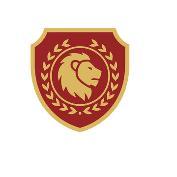Lion head emblem with laurel wreath on red shield