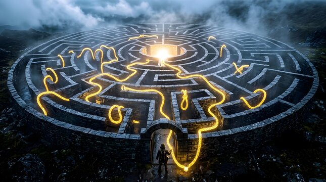 Person at Labyrinth Entrance Holding Glowing Golden Thread