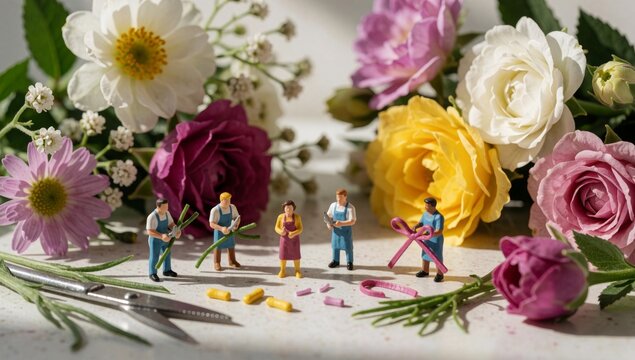 Group miniature figurines people standing front bouquet flowers made different types including roses daisies c