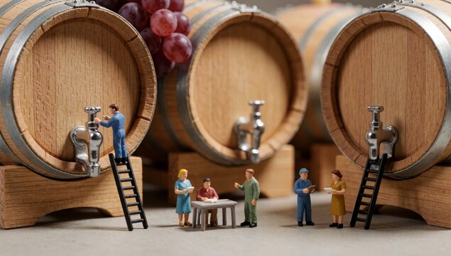Group miniature people standing front large wooden barrels arranged row appear made wood left side there man l