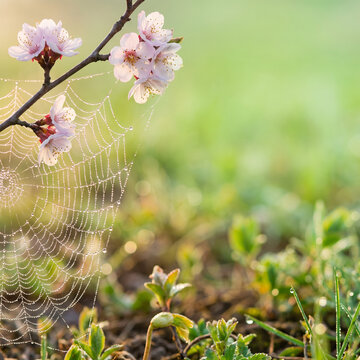 Dew-covered spiderweb and cherry blossoms in a spring garden  