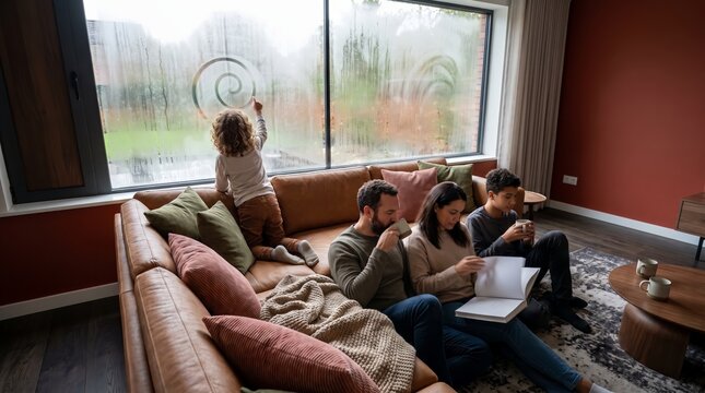 Family indoors with hot drinks on a rainy autumn day