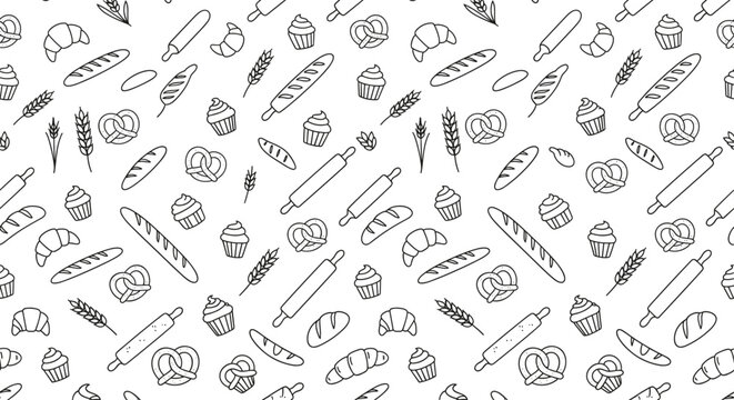 Seamless Bakery Bread Pattern with Croissant and Pastry Doodle Design