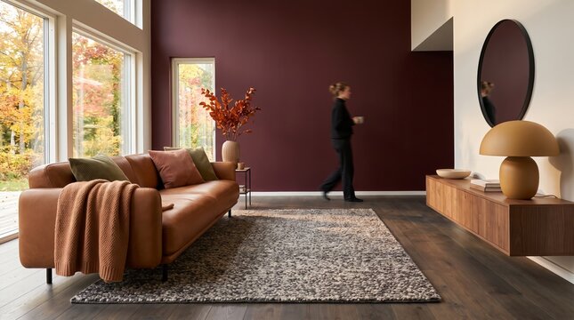 Autumn living room with warm textiles and yellow trees outside