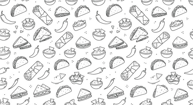 Seamless Mexican Food Pattern with Taco and Burrito Doodle Design