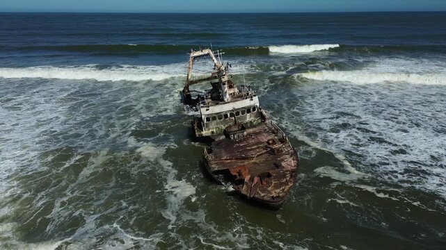 The Zeila shipwreck at Henties Bay on Namibias Skeleton Coast, as seen from a drone.