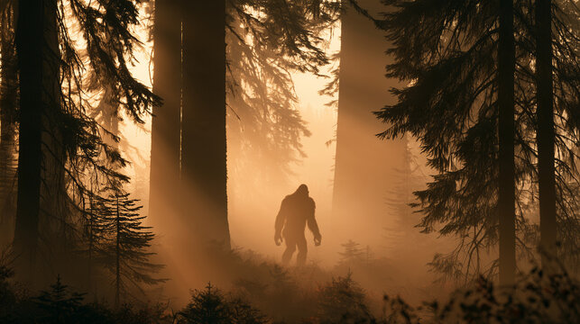 A Bigfoot silhouette appearing between giant pine trees at sunset, with mist covering the forest floor