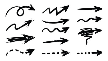 Fototapeta premium Collection of hand drawn arrows in various styles isolated on a white background for design elements