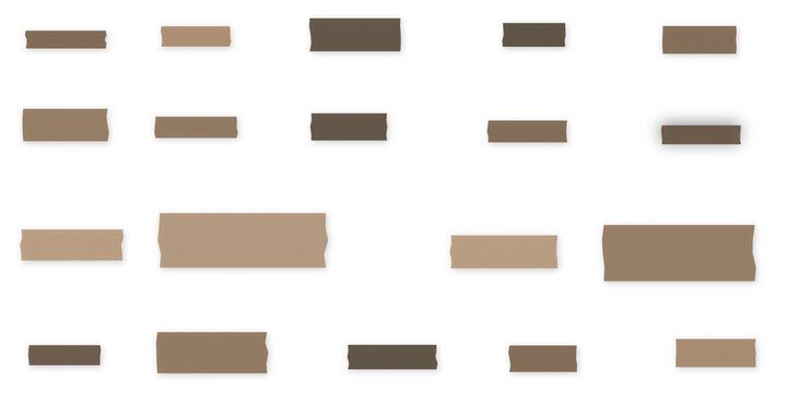 Adhesive tape strips collection. Featuring various brown packaging tapes and masking tape pieces. Realistic transparent PNG graphic elements for scrapbooking, crafts, and digital collage