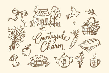 Obraz premium Countryside Charm Hand Drawn Rural Cottage Doodle Set