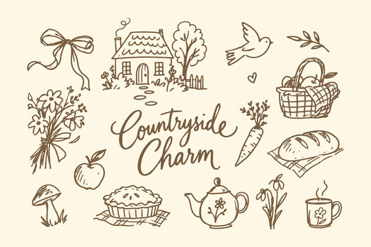 Countryside Charm Hand Drawn Rural Cottage Doodle Set