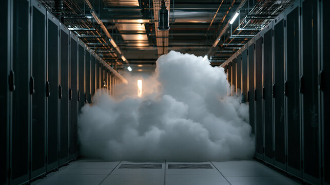 Halon alternative clean agent release test in empty server room, white suppression discharge cloud filling cabinet aisle, emergency drill documentation, fire suppression