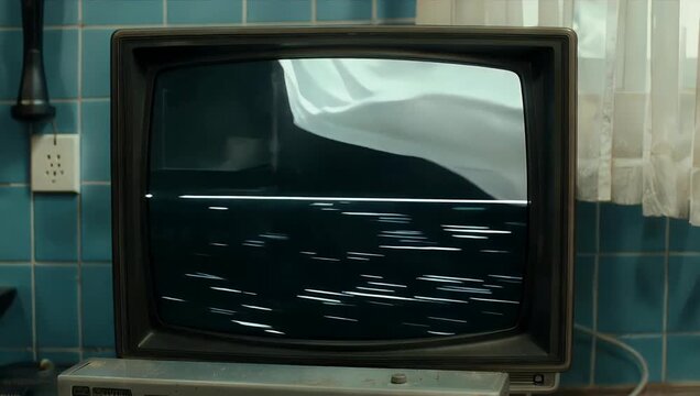 Abstract 4K art installation video showing a stack of old vintage CRT television sets broadcasting white fuzzy static noise inside a blue tiled room with a moving curtain