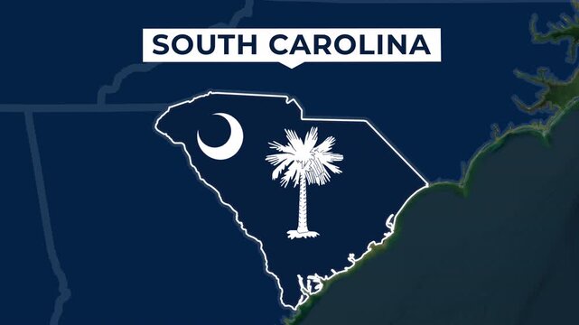 Satellite map animation of South Carolina, USA. Blinking territory, state flag, pinned name, animated outline of the border. Concept for broadcast, social media, education.
