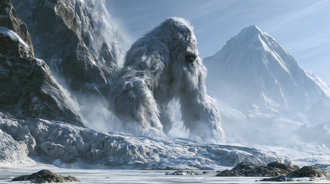 A giant Yeti walking across an icy glacier with towering Himalayan peaks in the background