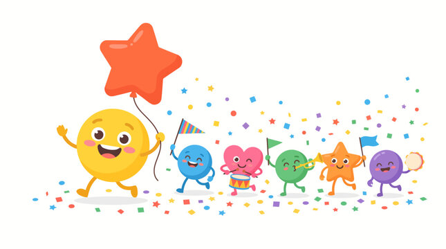 Happy colorful geometric cartoon characters marching together in a festive parade setting while holding party balloons playing musical instruments and waving vibrant flags during this bright cheerful 
