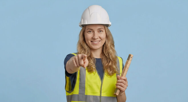 L&auml;chelnde Bauingenieurin oder Handwerkerin mit wei&szlig;em Helm und Zollstock zeigt mit dem Finger auf den Betrachter
