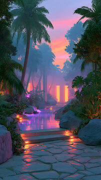Vibrant Futuristic Club Background Featuring Orange Yellow Vegetation and Cinematic Light in Nightlife Event Scene