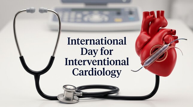 Stethoscope and anatomical heart model with a medical stent on a clean white clinical table surface with procedure