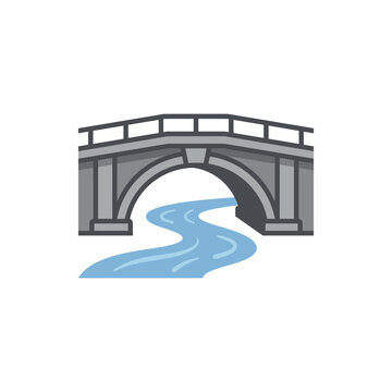 Stone bridge icon over flowing blue river water.