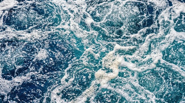 Close up of intensely bubbling blue water with white foam on the surface of an industrial aeration basin at a wastewater treatment facility