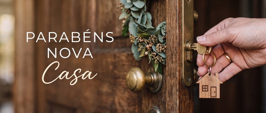 Hand unlocking wooden front door with house key and eucalyptus wreath for real estate new home concept with Portuguese text Parabens Nova Casa for greeting card welcoming homebuyer banner template.