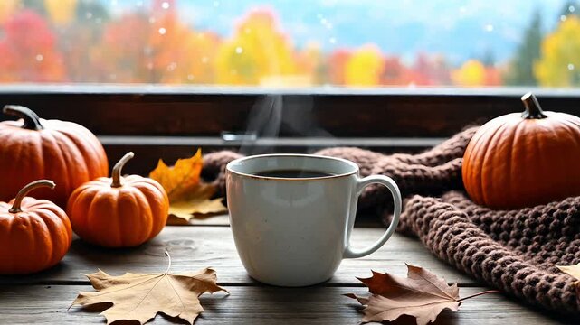 Hot coffee cup surrounded by orange pumpkins, knitted blanket, and dry maple leaves on wooden windowsill