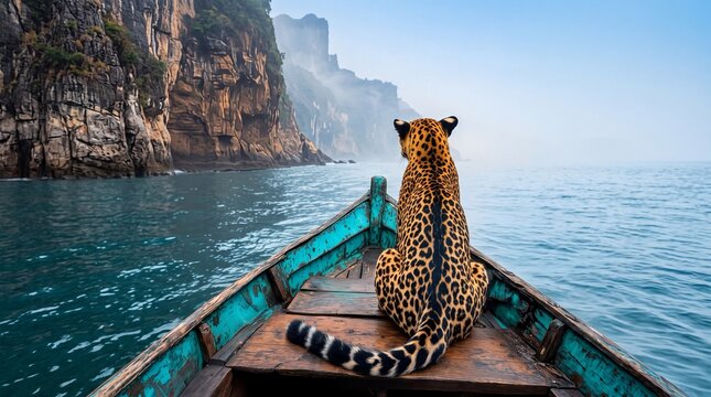 A leopard sits on the bow of a wooden boat traveling along rocky coastal cliffs with weathered turquoise wooden