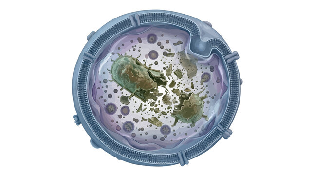 Scientific illustration of cell lysis and membrane breakdown