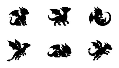 Obraz premium Cute Baby Dragon Silhouettes, Mythical Creature Vector Icons, Fantasy Animal Set