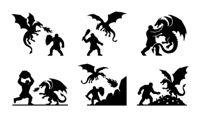 Obraz premium Fantasy Battle Icons: Dragon vs Giant Silhouettes, Mythical Combat Vector Set