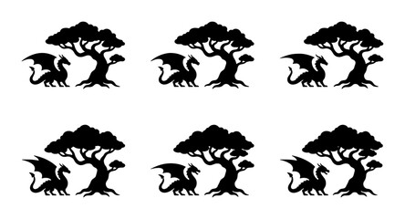 Fototapeta premium Mythical Dragon and Ancient Tree Silhouettes, Fantasy Creature Icons, Dark Forest Elements, Enchanted Woodland Graphics