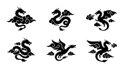 Obraz premium Black Dragon Silhouettes, Mythical Creatures, Asian Folklore Icons, Cloud Elements, Vector Art Set