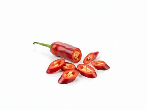 Close-up of a red chili pepper with sliced pieces on white background