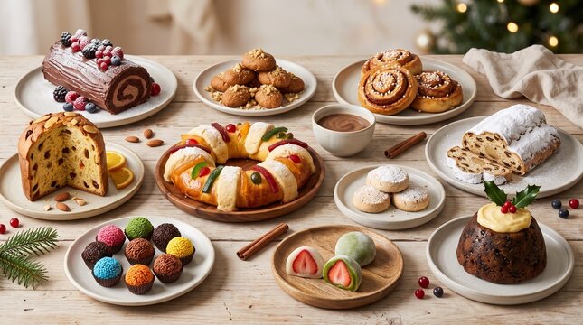 Assortment of festive holiday desserts including Yule log, panettone, stollen, and Christmas pudding vector illustration