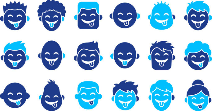Cheerful blue and dark blue emoji faces with tongues sticking out expressing joy and playfulness for communication and social media.