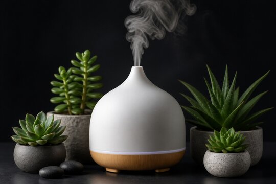 Aroma diffuser releasing mist with succulents on dark surface