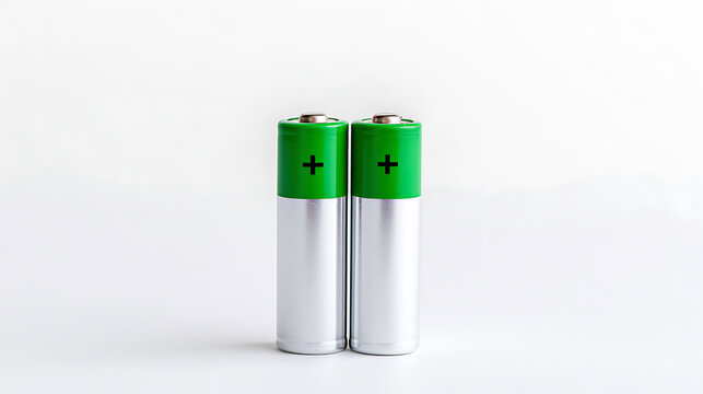 Two rechargeable silver and green AA batteries stand upright against a clean white background, symbolizing power, technology, and energy